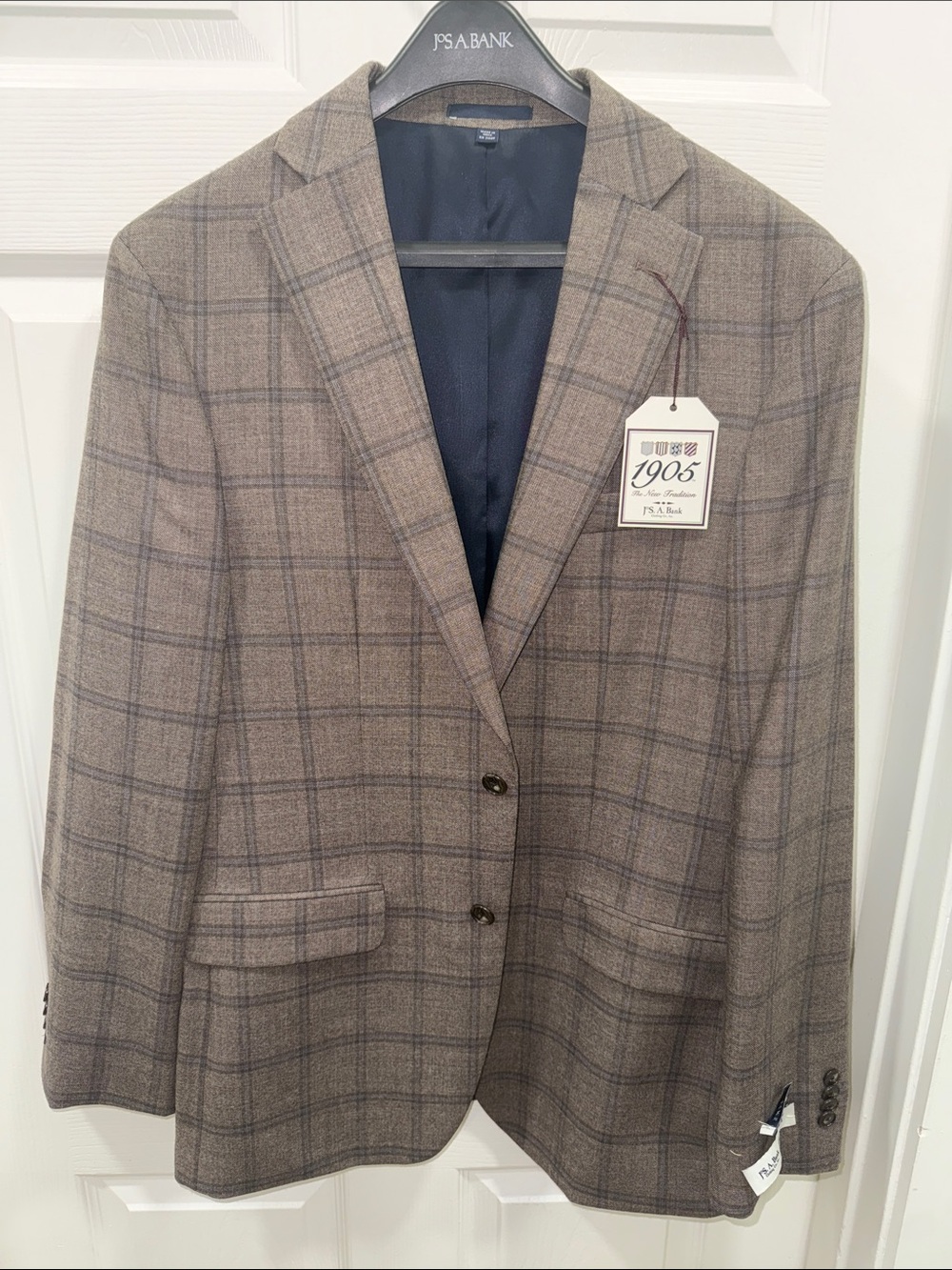 Jos. A. Bank Taupe Plaid Sport Coat with Navy Windowpane